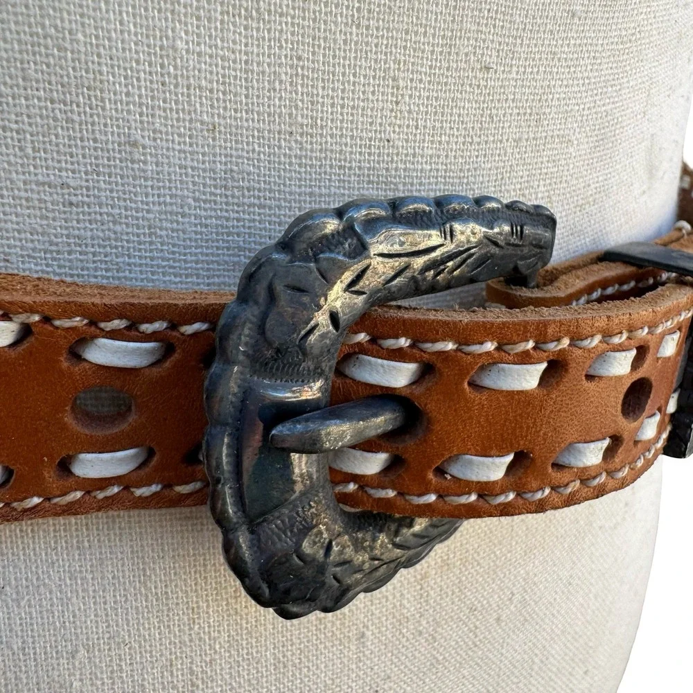 Gilles Herve Paris Tan Leather Whipstitch‎ Western Belt Made in France Size 80
